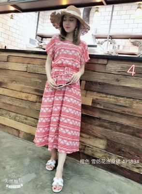 连衣裙；雪纺；短袖；均码；中长款；套头；圆领；高腰；甜美；A字裙；纯色；印花