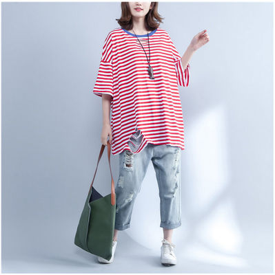 大码条纹T恤女2018夏季新品韩版休闲宽松胖MM短袖中长上衣