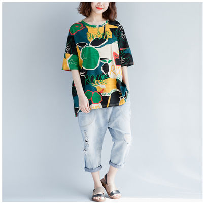2018夏装新款韩版宽松大码休闲上衣潮 蝙蝠袖圆领印花短袖T恤女