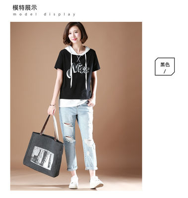 拼接显瘦；上衣半袖纯棉体恤；中长款；宽松休闲；带帽；短T；女