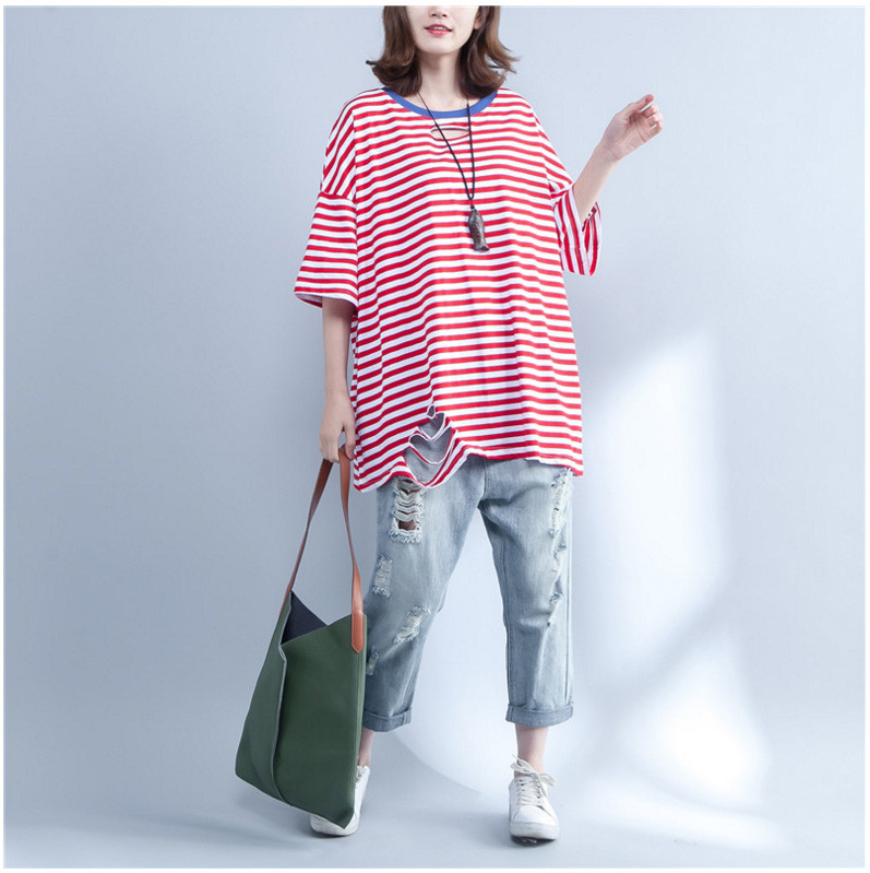 大码条纹T恤女2018夏季新品韩版休闲宽松胖MM短袖中长上衣